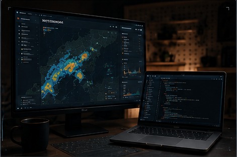 Monitor s meteoradarem a notebook s vývojovým prostředím